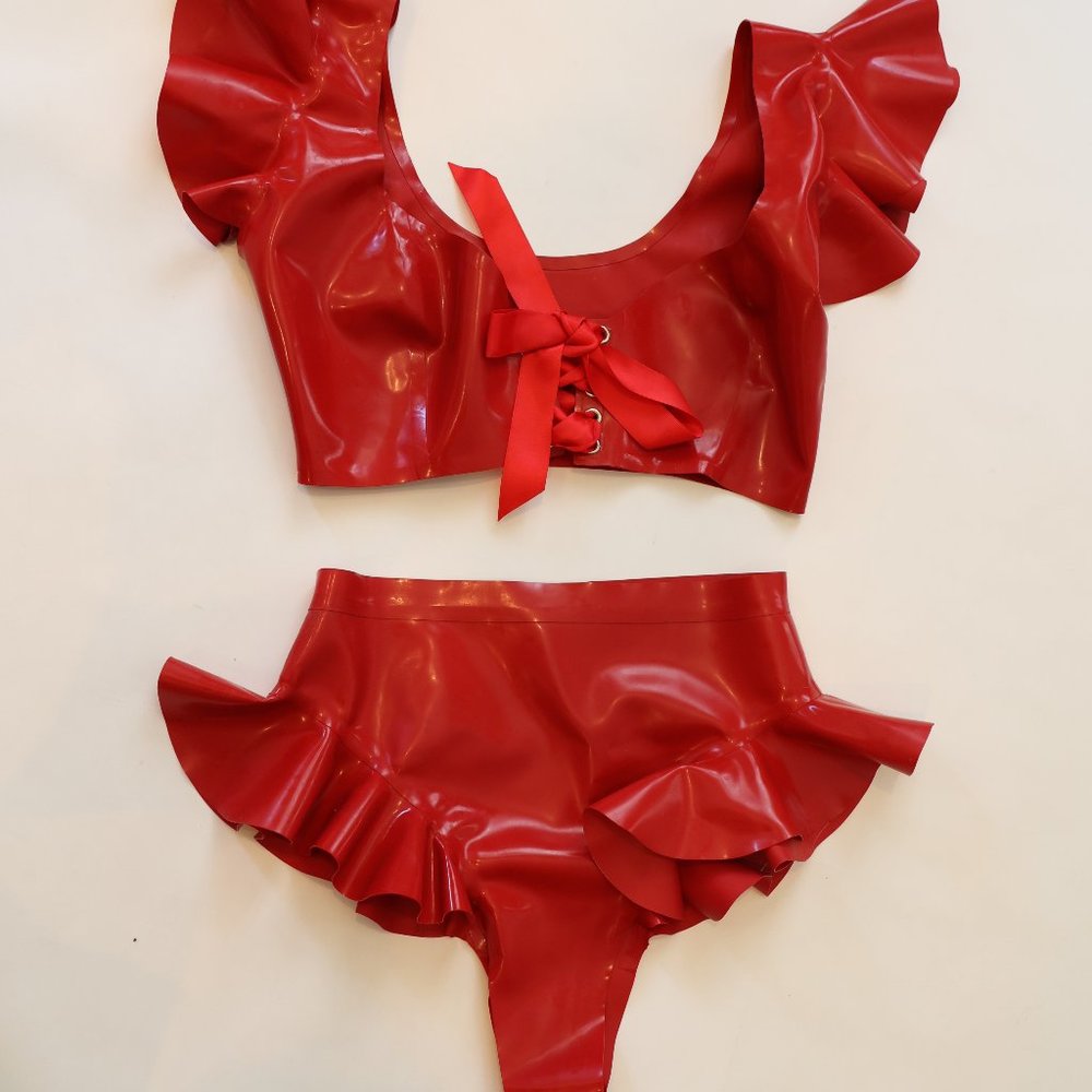 Jane Doe Latex Helena Frill Set (Shorts + Crop Top) - 4D Supatex Red - XS/S